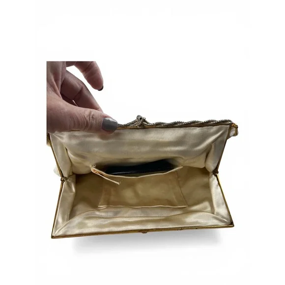 Vintage Josef Hand Beaded in France Floral Ivory Evening Bag Rhinestone Clasp - Picture 4 of 6